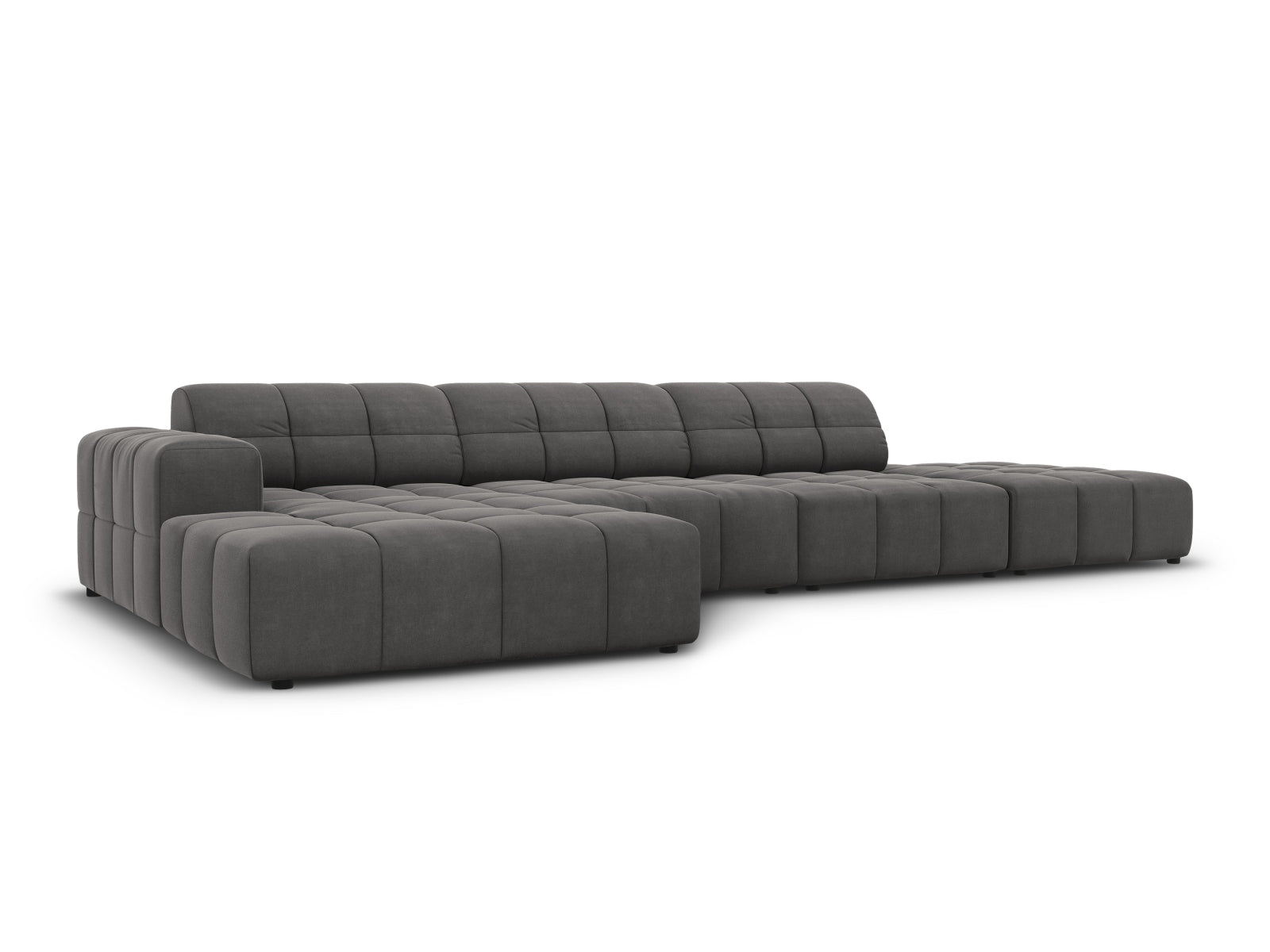 Entdecken Sie das Chicago Velour Ecksofa links für 5 Personen von Cosmopolitan Design – ideal für moderne Wohnzimmer und gemütliche Abende.