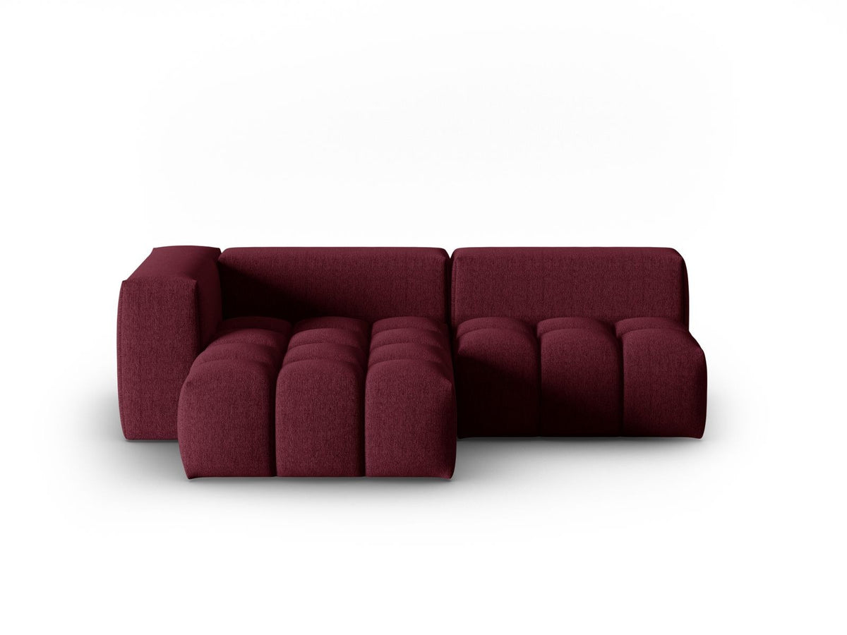Modulares Ecksofa Verona links mit 3 Sitzplätzen in dunkelblauem Sorella-Stoff, Massivholzrahmen und schwarzen Kunststoffbeinen, Récamiere-Form.