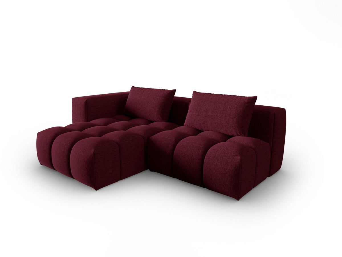 Modulares Ecksofa Verona links mit 3 Sitzplätzen in dunkelblauem Sorella-Stoff, Massivholzrahmen und schwarzen Kunststoffbeinen, Récamiere-Form.