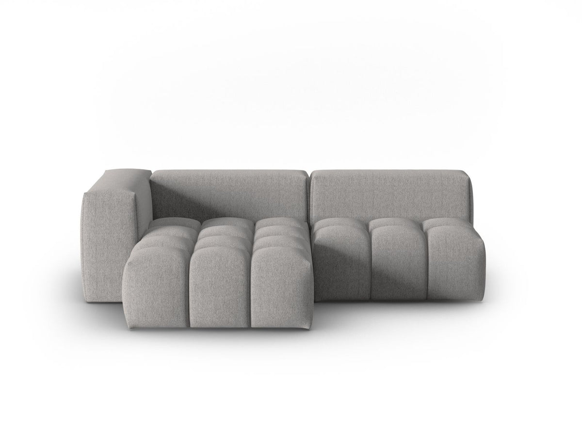 Modulares Ecksofa Verona links mit 3 Sitzplätzen in dunkelblauem Sorella-Stoff, Massivholzrahmen und schwarzen Kunststoffbeinen, Récamiere-Form.