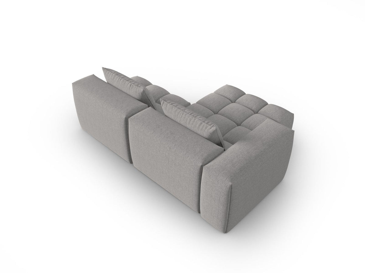 Modulares Ecksofa Verona links mit 3 Sitzplätzen in dunkelblauem Sorella-Stoff, Massivholzrahmen und schwarzen Kunststoffbeinen, Récamiere-Form.