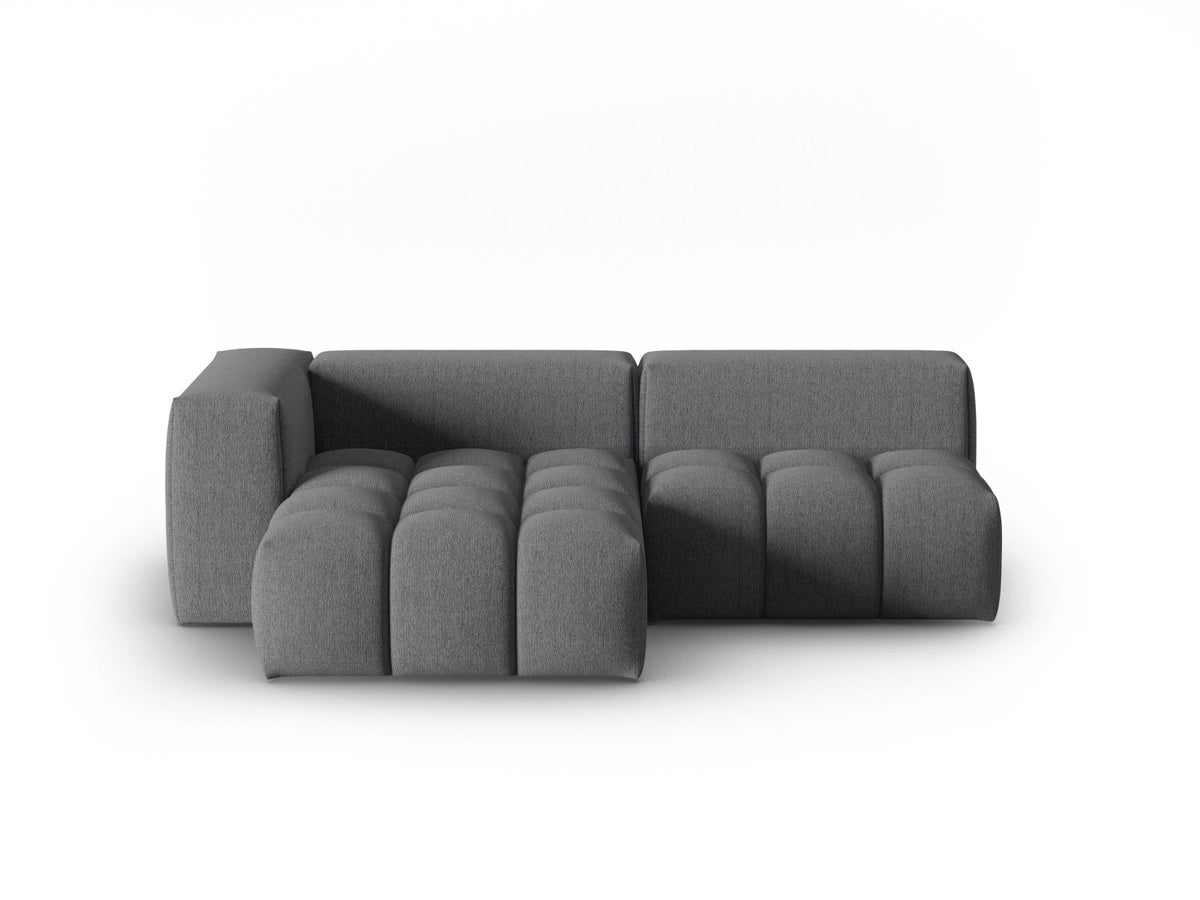 Modulares Ecksofa Verona links mit 3 Sitzplätzen in dunkelblauem Sorella-Stoff, Massivholzrahmen und schwarzen Kunststoffbeinen, Récamiere-Form.