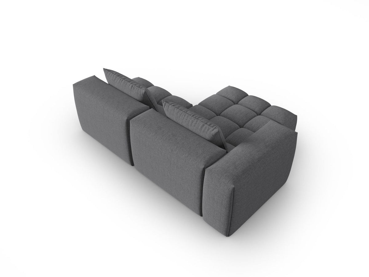 Modulares Ecksofa Verona links mit 3 Sitzplätzen in dunkelblauem Sorella-Stoff, Massivholzrahmen und schwarzen Kunststoffbeinen, Récamiere-Form.