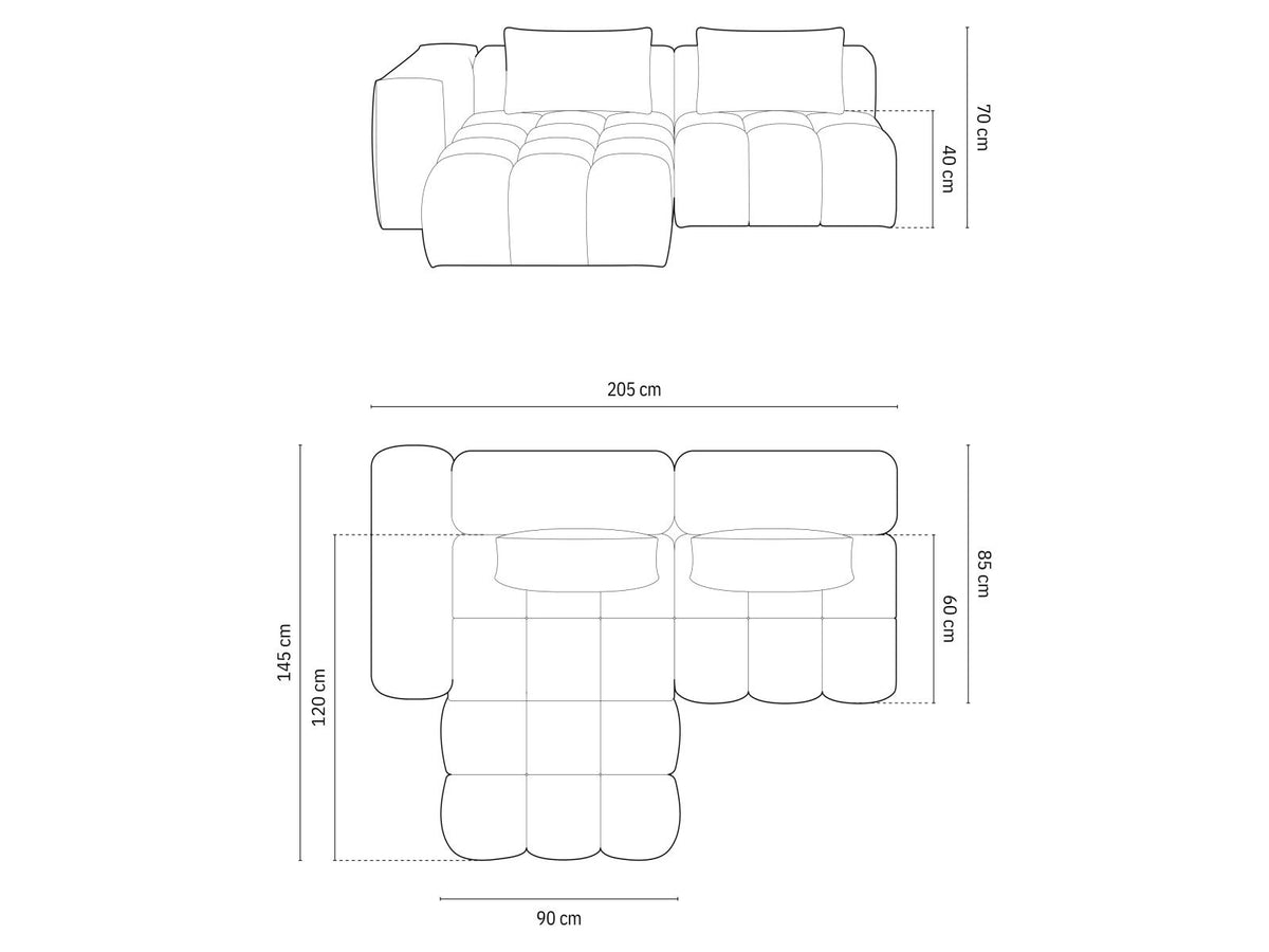 Modulares Ecksofa Verona links mit 3 Sitzplätzen in dunkelblauem Sorella-Stoff, Massivholzrahmen und schwarzen Kunststoffbeinen, Récamiere-Form.