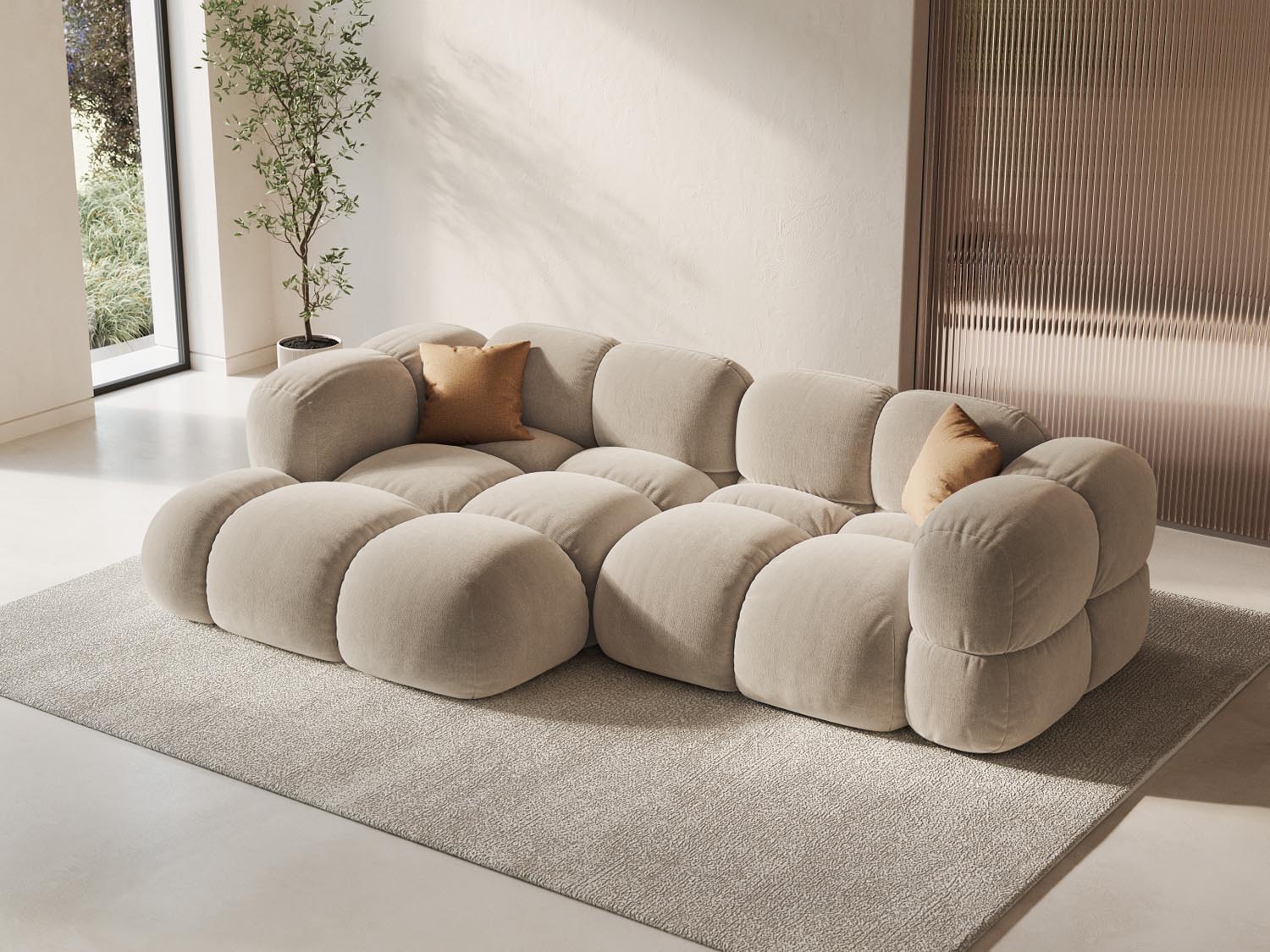 Elegantes Loretto Velour Ecksofa links in sanftem Beige, ideal für stilvolle Wohnräume, präsentiert von Cosmopolitan Design.