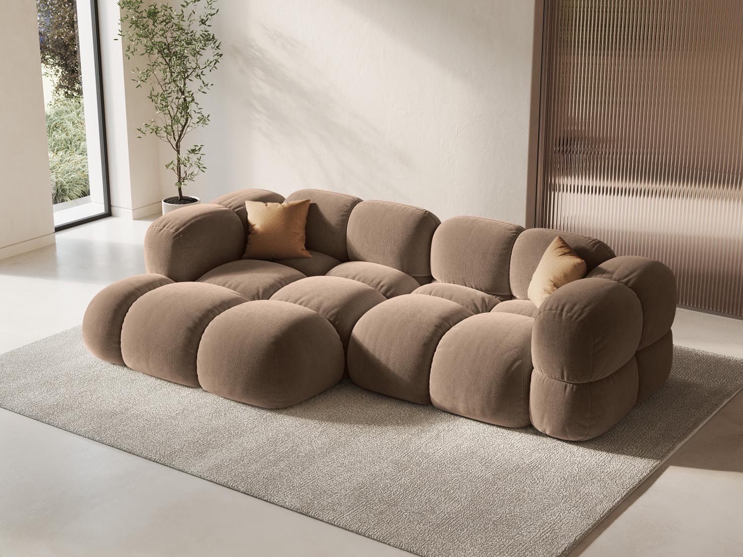 Elegantes Loretto Velour Ecksofa links in stilvollem Dark Beige-Vogue, ideal für moderne Wohnräume, präsentiert von KAQTU Design AG.