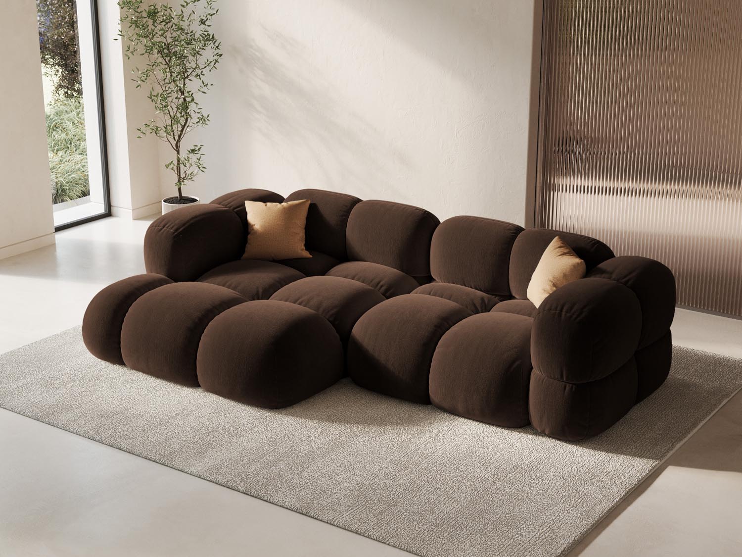 Elegantes Loretto Velour Ecksofa links, 3-Sitzer in Chocolate-Vogue, ideal für stilvolle Wohnräume, präsentiert von KAQTU Design AG.