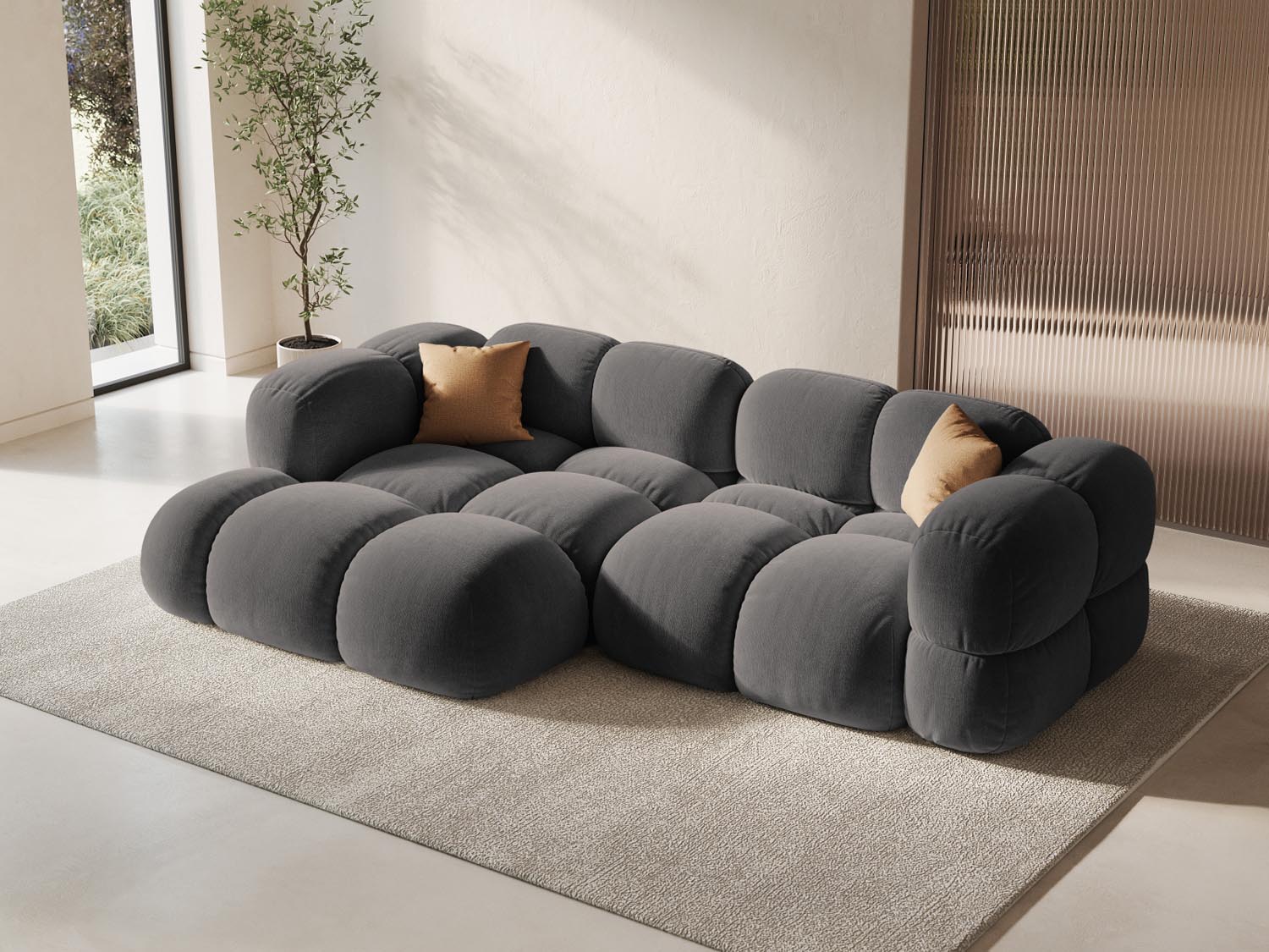Elegantes Loretto Velour Ecksofa links in Grau, 3-Sitzer mit 147 cm, ideal für stilvolle Wohnräume, präsentiert von Cosmopolitan Design.