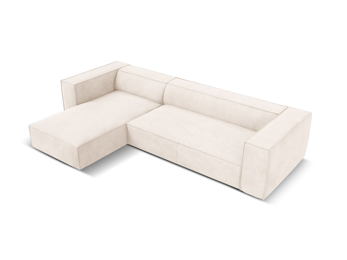 Ecksofa links Turin von Cosmopolitan Design in Light Beige-Rosario, Chenille-Bezug, Buchenholzbeine, 5 Sitzplätze, Récamiere-Form.