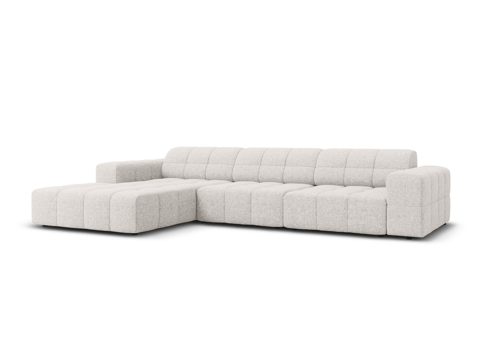 Stylisches Chicago Ecksofa links, 4-Sitzer in hellem Grau, ideal für moderne Wohnräume, präsentiert von Cosmopolitan Design.