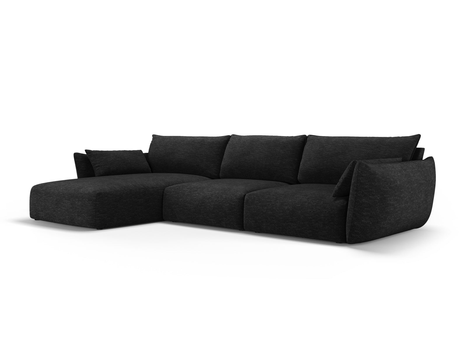 Elegantes 4-Sitzer Ecksofa links Matera in stilvollem Schwarz, ideal für moderne Wohnräume, erhältlich bei KAQTU Design AG.