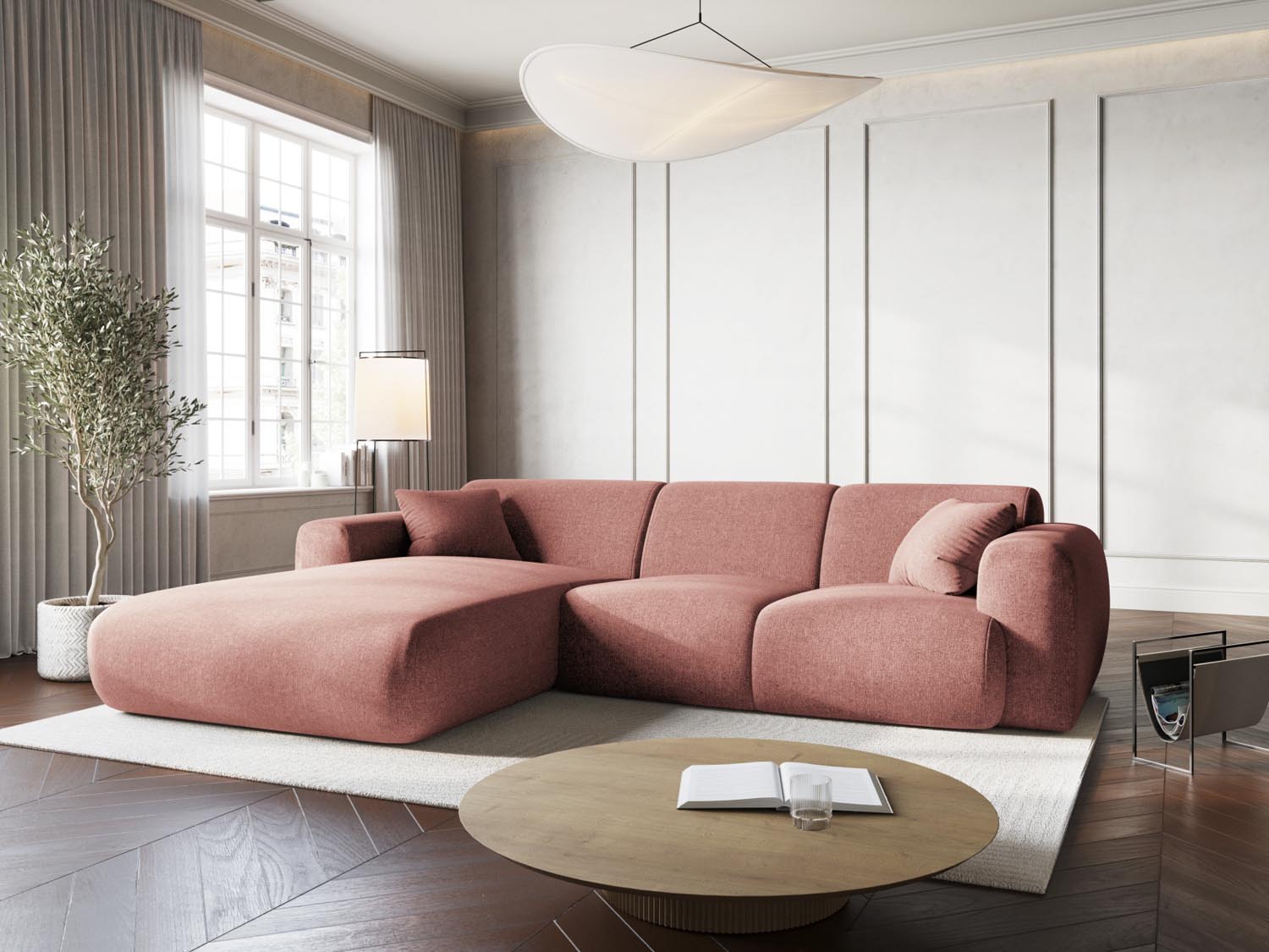Stylisches Nolio Ecksofa links in Pink-Haga, 4-Sitzer mit 170 cm Breite, ideal für moderne Wohnräume, präsentiert von Cosmopolitan Design.