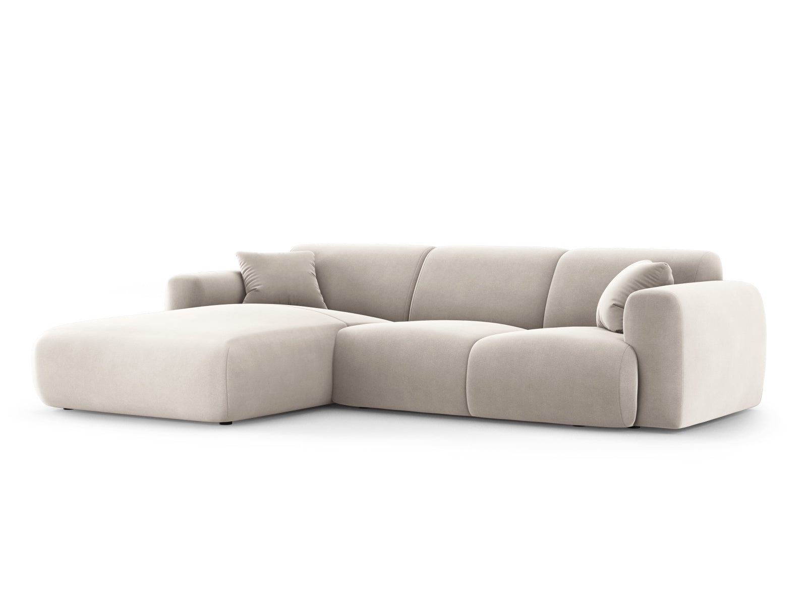 Modernes Nolio Velour Ecksofa links, 4-Sitzer in warmem Beige, perfekt für gemütliche Wohnzimmer, entworfen von Cosmopolitan Design.