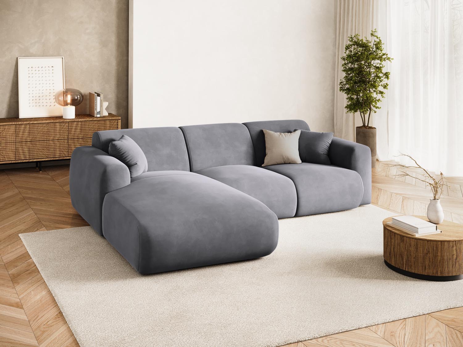 Elegantes Nolio Velour Ecksofa links, 4-Sitzer in Dunkelgrau, ideal für stilvolle Wohnräume, präsentiert von Cosmopolitan Design.