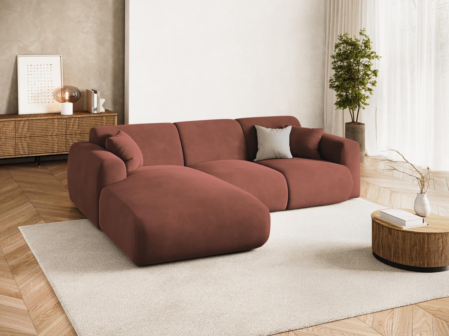 Entdecken Sie das stilvolle Nolio Velour Ecksofa links von Cosmopolitan Design. Dieses 4-Sitzer Sofa (170 cm) vereint Komfort und zeitgemässes Design.