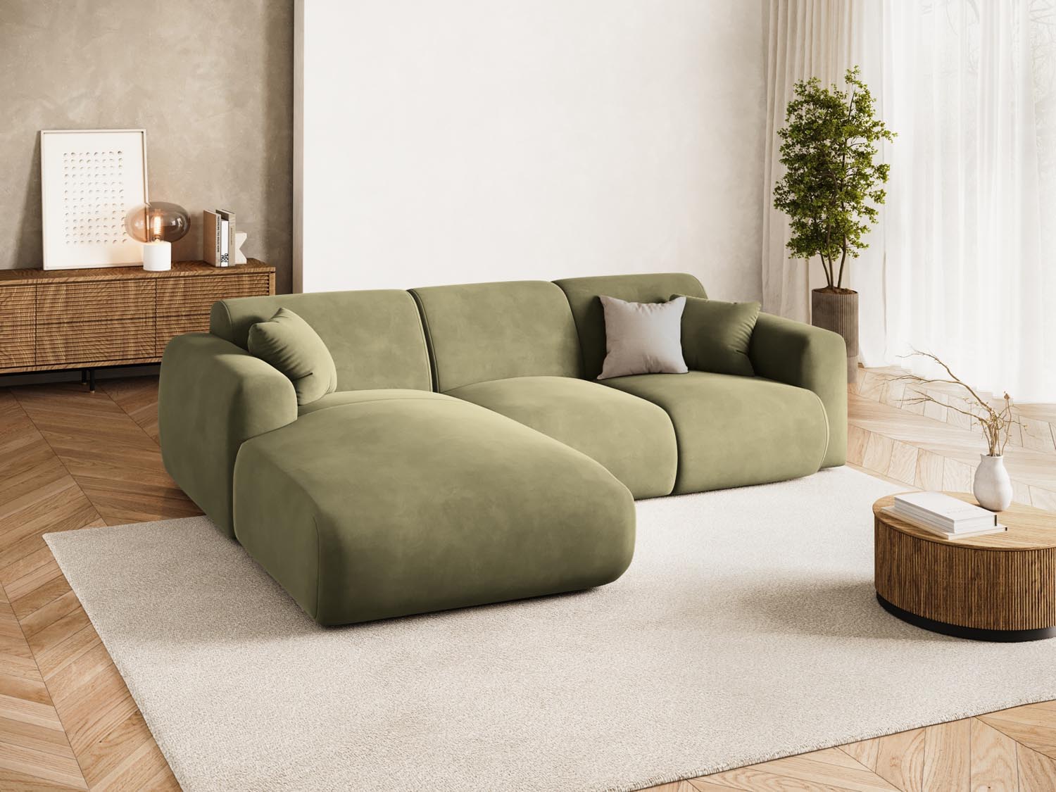 Erleben Sie das elegante Nolio Velour Ecksofa links von Cosmopolitan Design. Dieses 4-Sitzer Sofa (170 cm) bietet perfekten Komfort und modernes Flair.