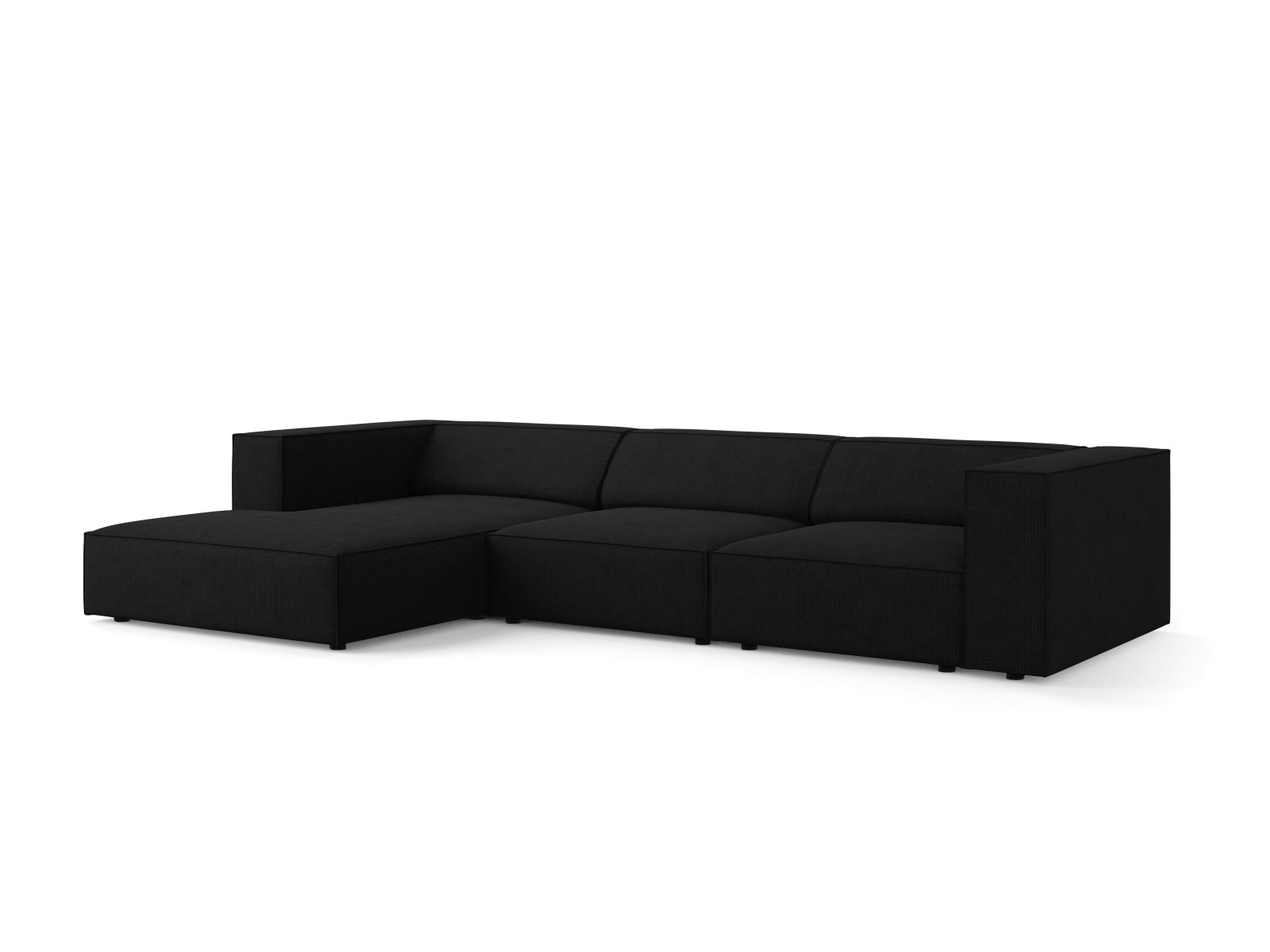 Elegantes Arendal Ecksofa links, 4-Sitzer in stilvollem Schwarz, ideal für moderne Wohnräume, erhältlich bei KAQTU Design AG.