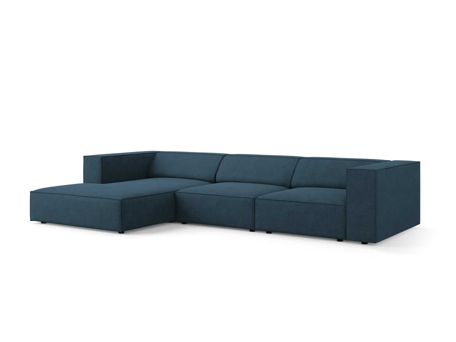 Elegantes Arendal Ecksofa links in Navy Blue, ideal für stilvolle Wohnräume. Komfortables 4-Sitzer Design von Cosmopolitan Design.