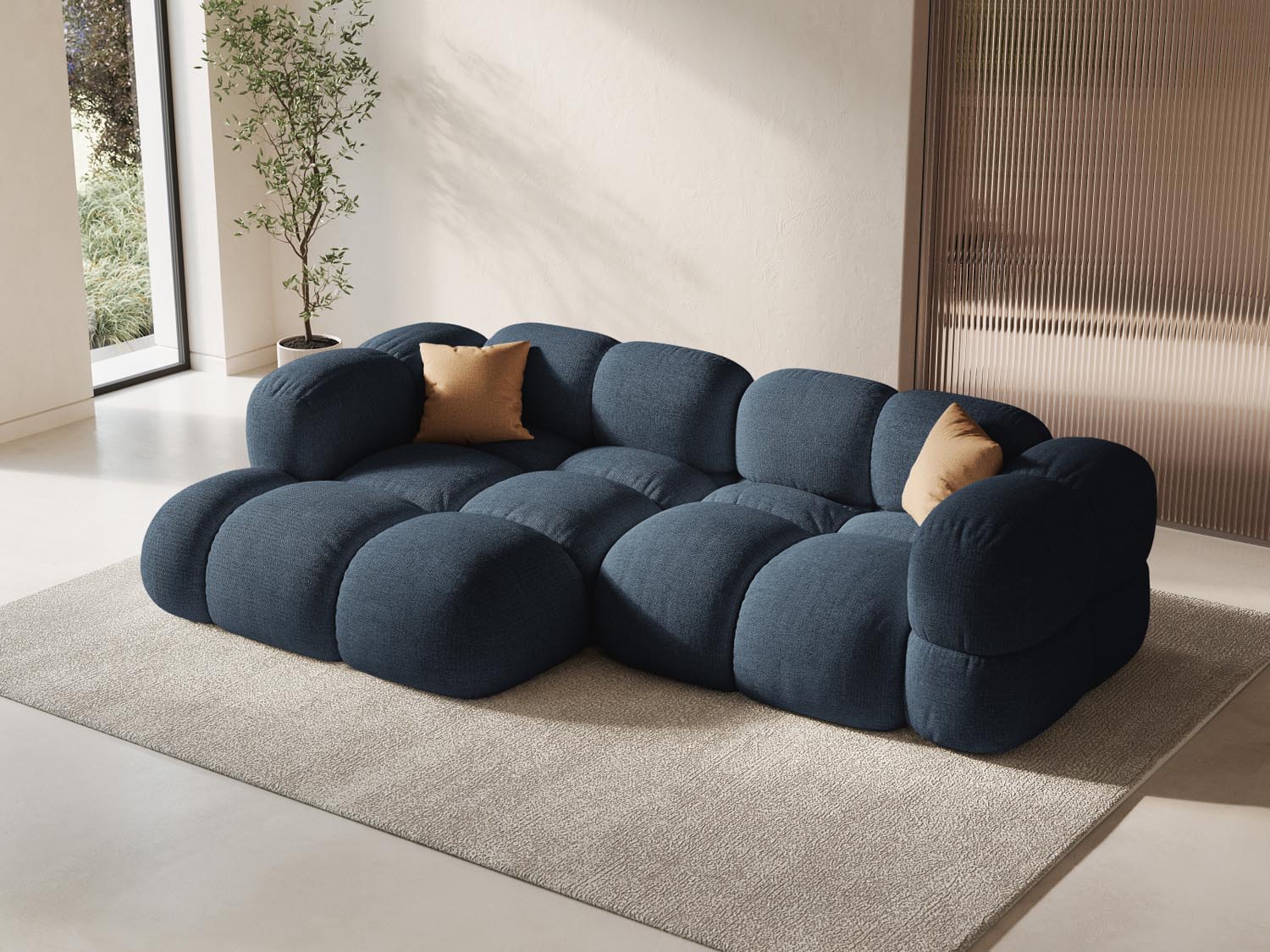 Elegantes Loretto Ecksofa links in Dunkelblau, 3-Sitzer mit 147 cm, ideal für stilvolle Wohnräume, präsentiert von Cosmopolitan Design.