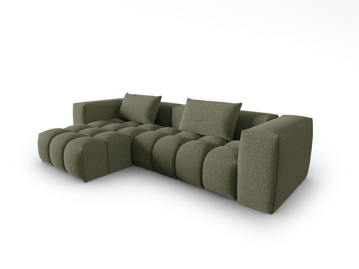 Modulares Ecksofa Verona links mit 3 Sitzplätzen in dunkelblauem Sorella-Stoff, Massivholzrahmen und schwarzen Kunststoffbeinen, Récamiere-Form.