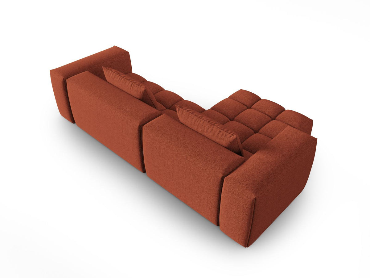 Modulares Ecksofa Verona links mit 3 Sitzplätzen in dunkelblauem Sorella-Stoff, Massivholzrahmen und schwarzen Kunststoffbeinen, Récamiere-Form.