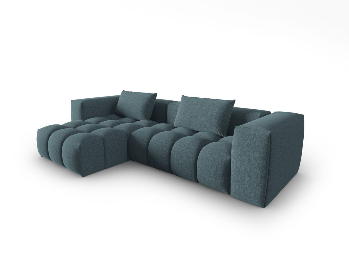 Modulares Ecksofa Verona links mit 3 Sitzplätzen in dunkelblauem Sorella-Stoff, Massivholzrahmen und schwarzen Kunststoffbeinen, Récamiere-Form.