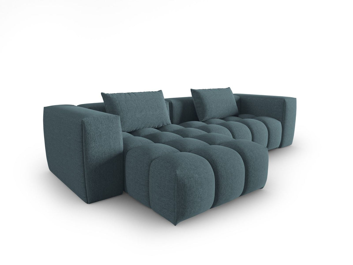 Modulares Ecksofa Verona links mit 3 Sitzplätzen in dunkelblauem Sorella-Stoff, Massivholzrahmen und schwarzen Kunststoffbeinen, Récamiere-Form.