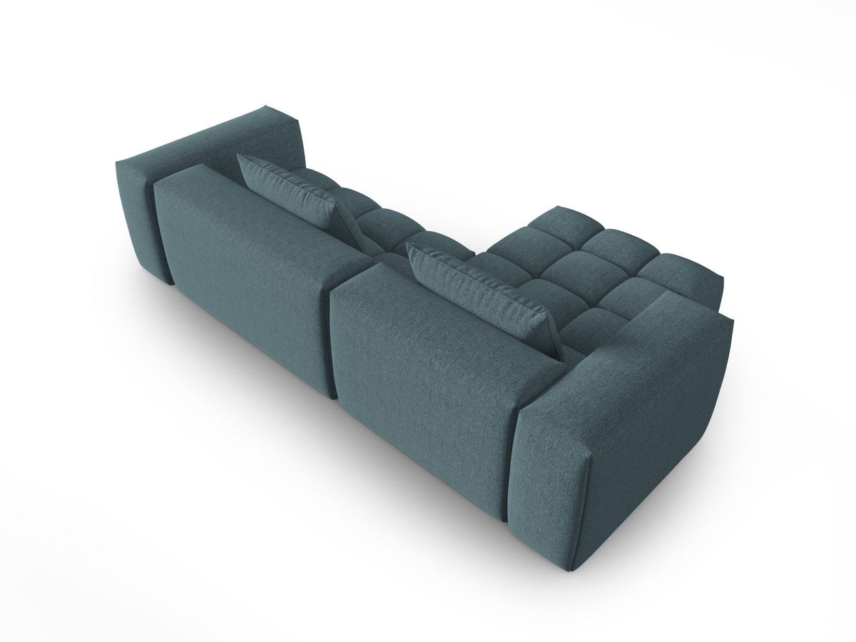 Modulares Ecksofa Verona links mit 3 Sitzplätzen in dunkelblauem Sorella-Stoff, Massivholzrahmen und schwarzen Kunststoffbeinen, Récamiere-Form.