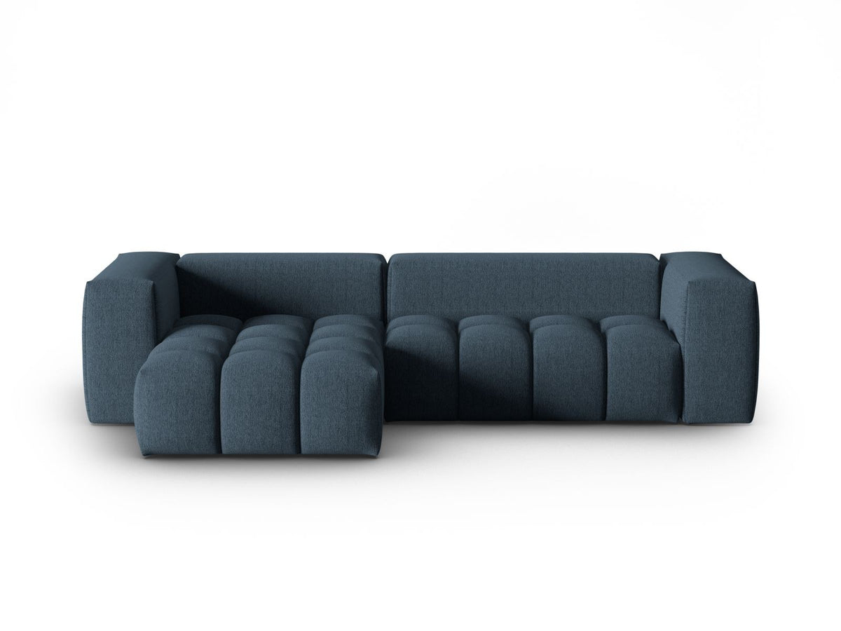 Modulares Ecksofa Verona links mit 3 Sitzplätzen in dunkelblauem Sorella-Stoff, Massivholzrahmen und schwarzen Kunststoffbeinen, Récamiere-Form.