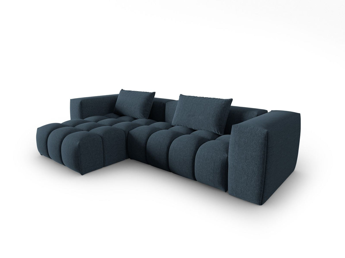Modulares Ecksofa Verona links mit 3 Sitzplätzen in dunkelblauem Sorella-Stoff, Massivholzrahmen und schwarzen Kunststoffbeinen, Récamiere-Form.