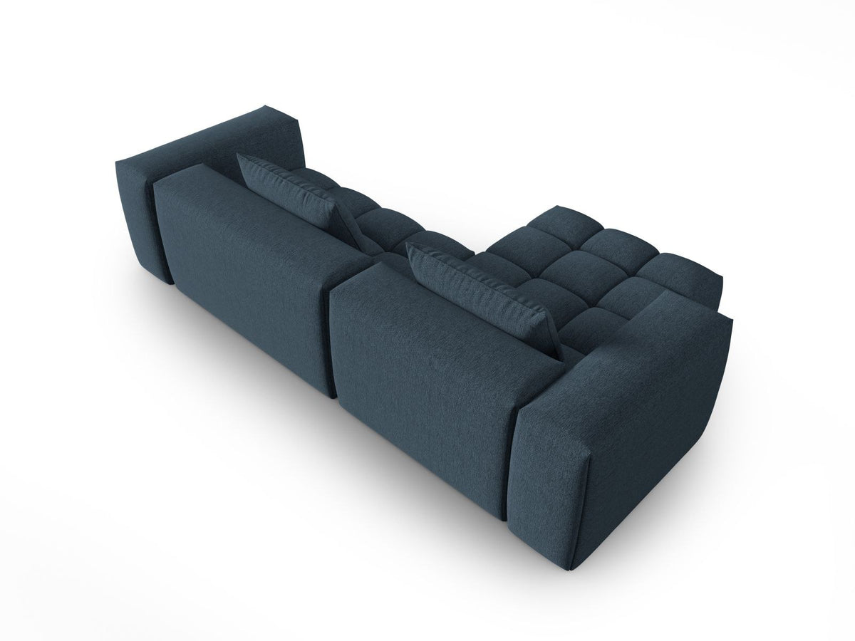 Modulares Ecksofa Verona links mit 3 Sitzplätzen in dunkelblauem Sorella-Stoff, Massivholzrahmen und schwarzen Kunststoffbeinen, Récamiere-Form.