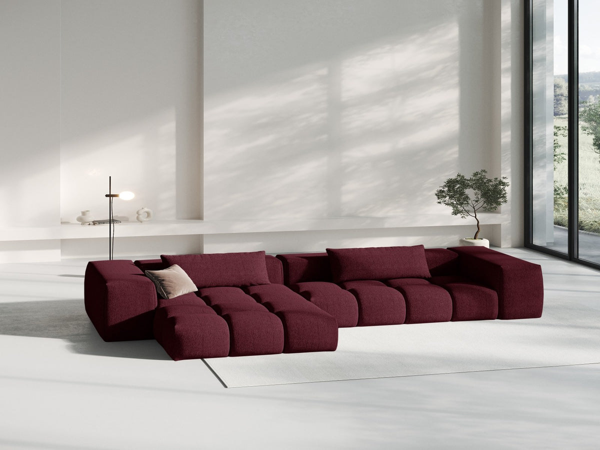 Modulares Ecksofa Verona links mit 3 Sitzplätzen in dunkelblauem Sorella-Stoff, Massivholzrahmen und schwarzen Kunststoffbeinen, Récamiere-Form.