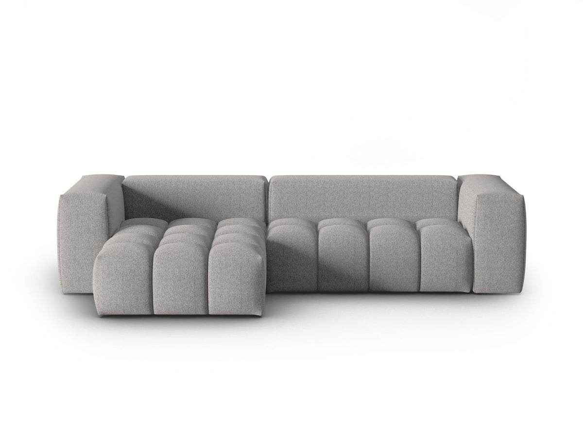Modulares Ecksofa Verona links mit 3 Sitzplätzen in dunkelblauem Sorella-Stoff, Massivholzrahmen und schwarzen Kunststoffbeinen, Récamiere-Form.
