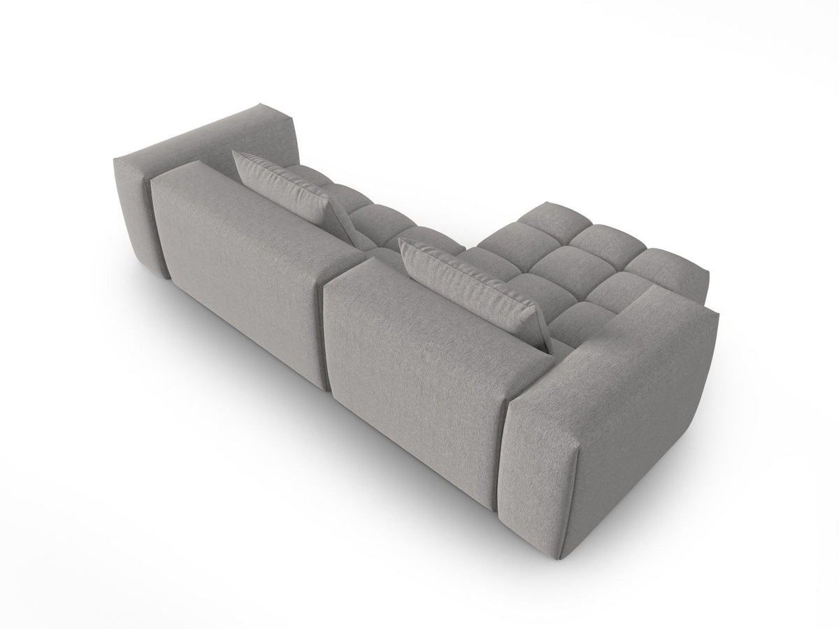 Modulares Ecksofa Verona links mit 3 Sitzplätzen in dunkelblauem Sorella-Stoff, Massivholzrahmen und schwarzen Kunststoffbeinen, Récamiere-Form.