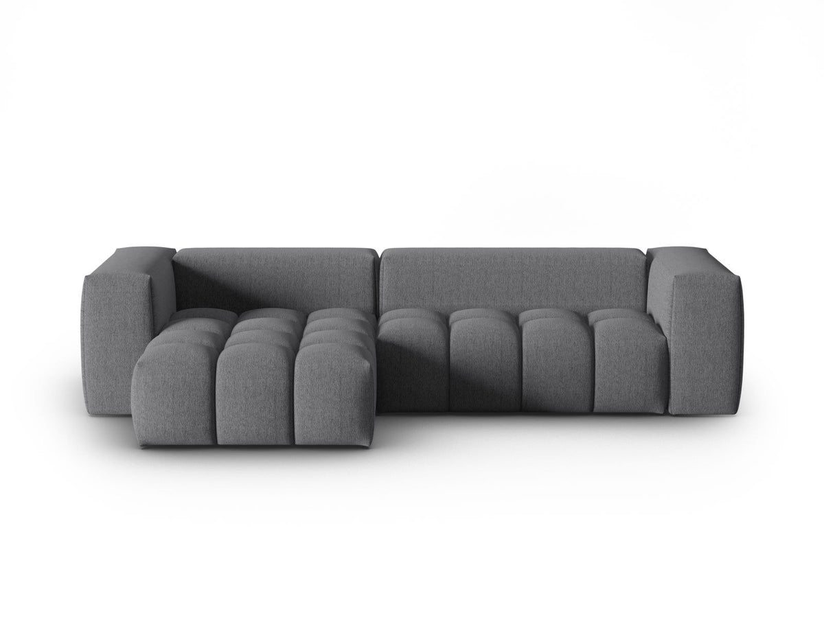 Modulares Ecksofa Verona links mit 3 Sitzplätzen in dunkelblauem Sorella-Stoff, Massivholzrahmen und schwarzen Kunststoffbeinen, Récamiere-Form.