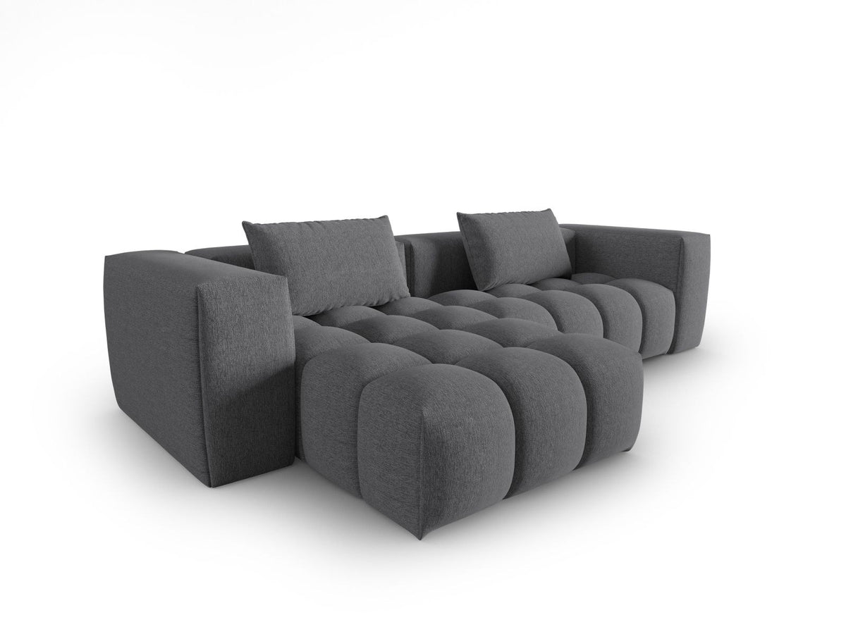 Modulares Ecksofa Verona links mit 3 Sitzplätzen in dunkelblauem Sorella-Stoff, Massivholzrahmen und schwarzen Kunststoffbeinen, Récamiere-Form.