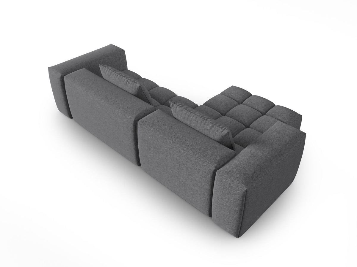 Modulares Ecksofa Verona links mit 3 Sitzplätzen in dunkelblauem Sorella-Stoff, Massivholzrahmen und schwarzen Kunststoffbeinen, Récamiere-Form.