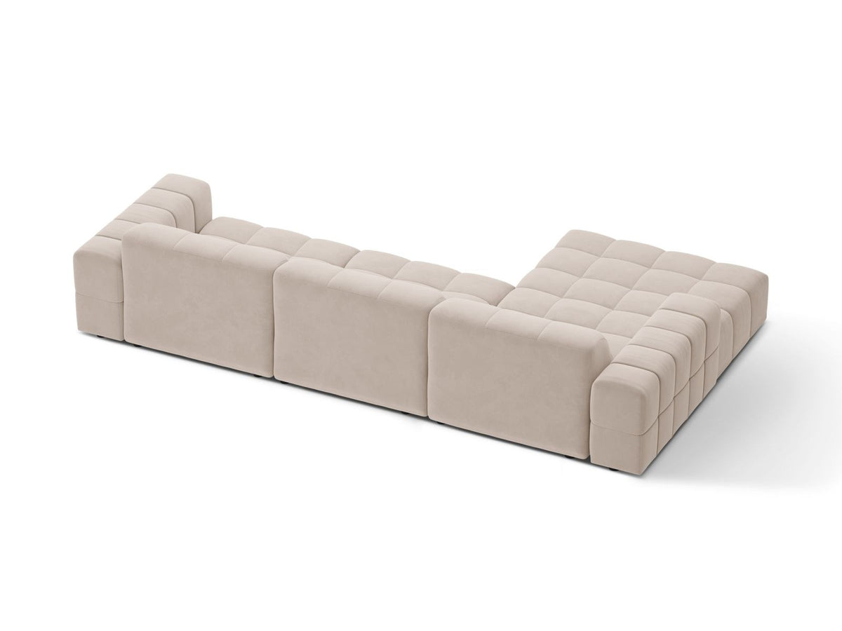 Ecksofa links Chicago von Cosmopolitan Design in Light Beige-Venus Samtvelours, Holzrahmen, Récamiere links, Kunststoffbeine schwarz.
