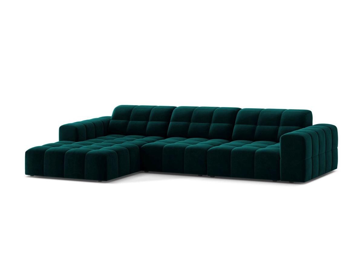 Ecksofa links Chicago von Cosmopolitan Design in Light Beige-Venus Samtvelours, Holzrahmen, Récamiere links, Kunststoffbeine schwarz.