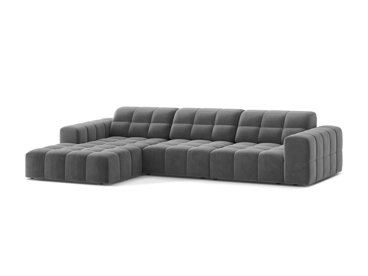 Ecksofa links Chicago von Cosmopolitan Design in Light Beige-Venus Samtvelours, Holzrahmen, Récamiere links, Kunststoffbeine schwarz.