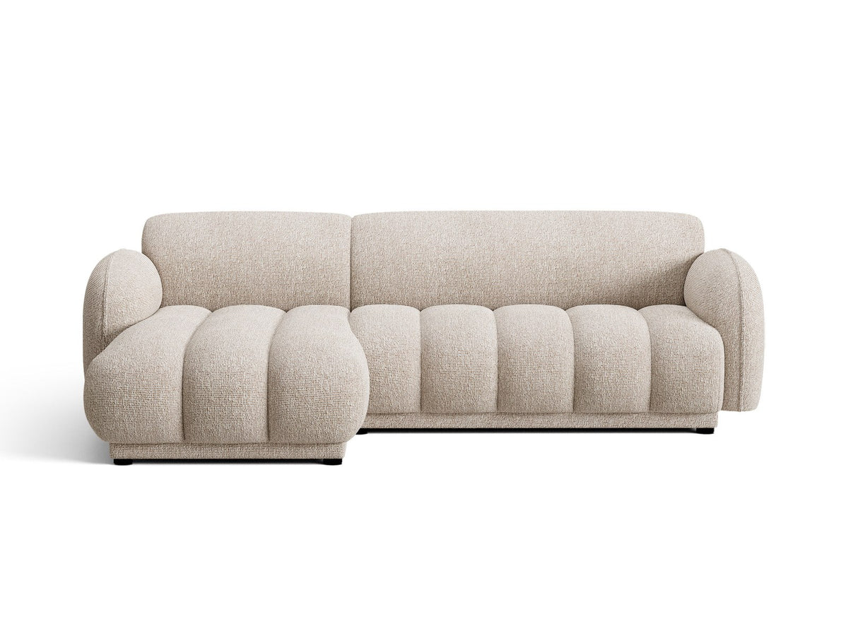 Beige-meliertes Boucle-Ecksofa links mit Récamiere, Massivholzrahmen und schwarzen Kunststoffbeinen, Cosmopolitan Design Bilbao Serie.