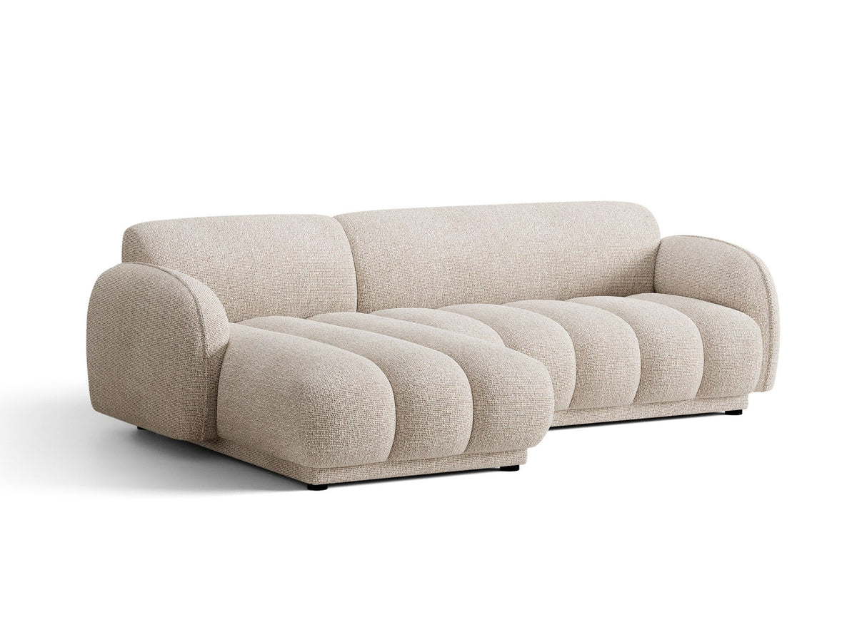 Beige-meliertes Boucle-Ecksofa links mit Récamiere, Massivholzrahmen und schwarzen Kunststoffbeinen, Cosmopolitan Design Bilbao Serie.
