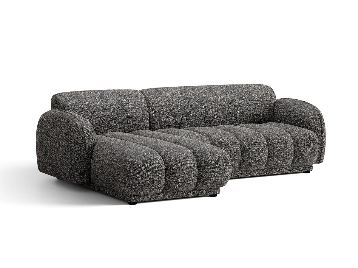 Beige-meliertes Boucle-Ecksofa links mit Récamiere, Massivholzrahmen und schwarzen Kunststoffbeinen, Cosmopolitan Design Bilbao Serie.