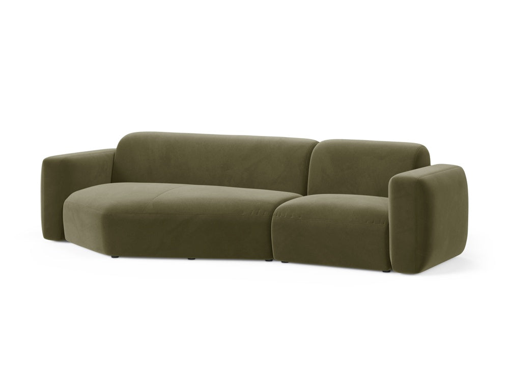 Elegantes Strino Velour Ecksofa links in Grün, ideal für stilvolle Wohnräume. Modular und komfortabel, perfekt für entspannte Abende.