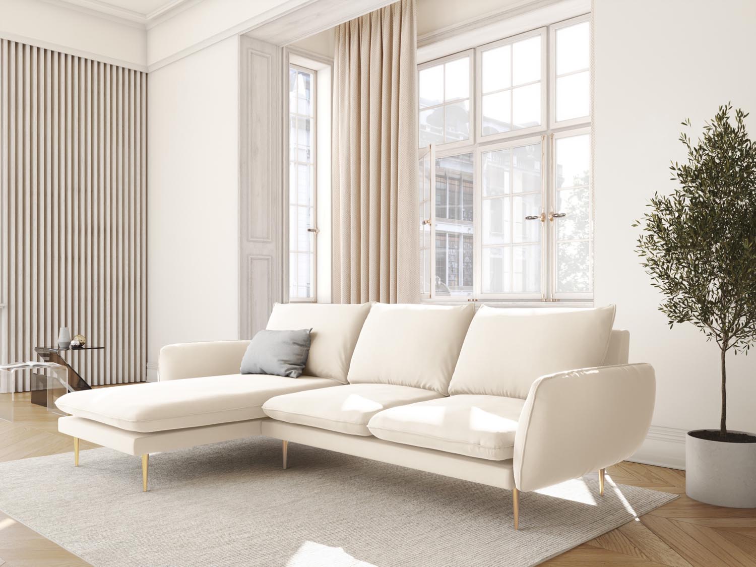 Vienna Velour Ecksofa links 5 Sitzer 170cm in Light Beige/Gold-Bluvel präsentiert im Onlineshop von KAQTU Design AG. Ecksofa links ist von Cosmopolitan Design