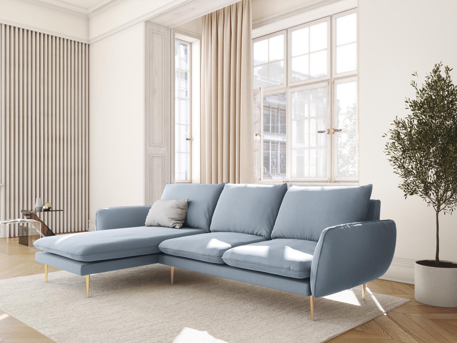 Vienna Velour Ecksofa links 5 Sitzer 170cm in Light Blue/Gold-Bluvel präsentiert im Onlineshop von KAQTU Design AG. Ecksofa links ist von Cosmopolitan Design