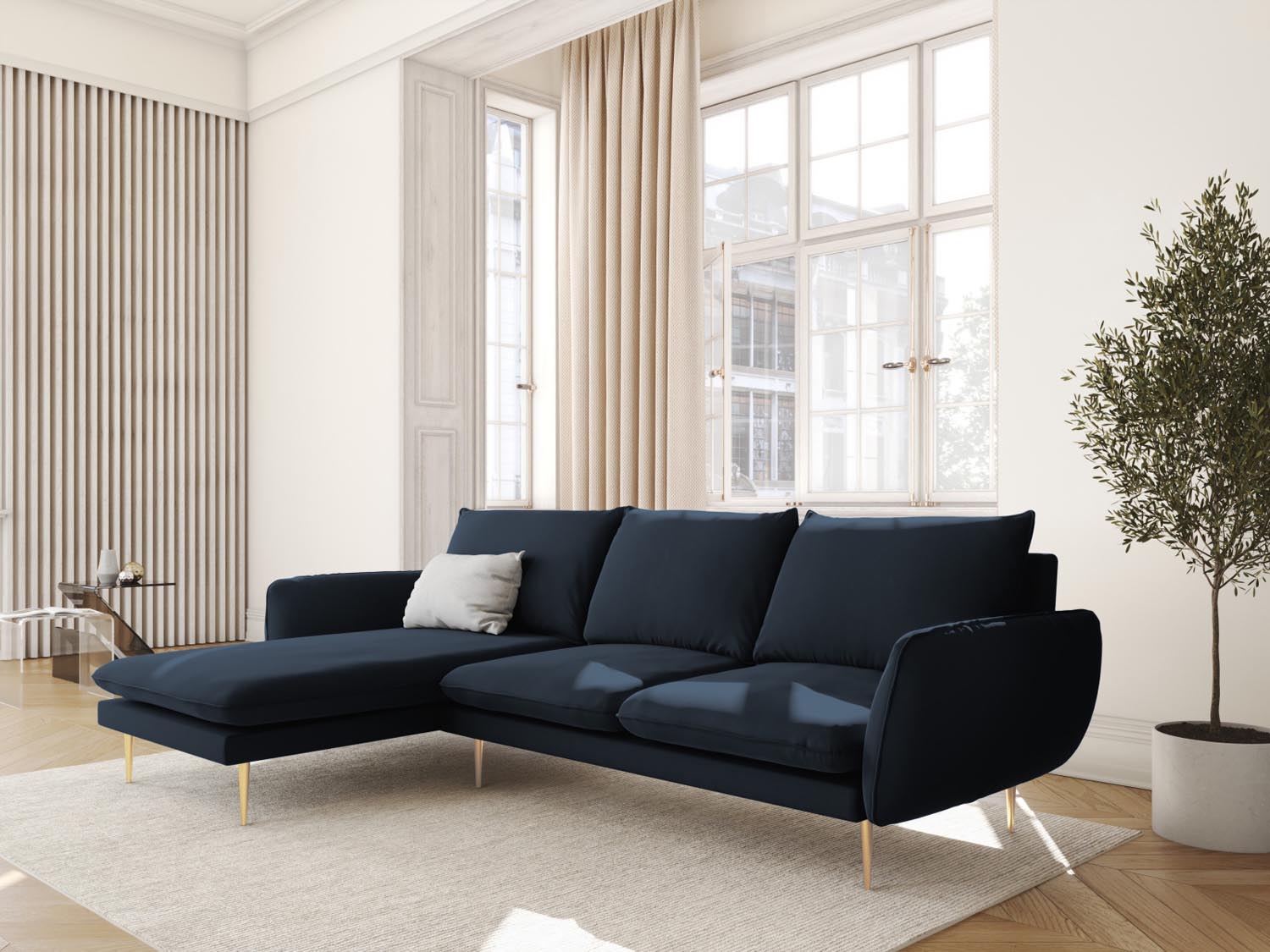 Vienna Velour Ecksofa links 5 Sitzer 170cm in Dark Blue/Gold-Bluvel präsentiert im Onlineshop von KAQTU Design AG. Ecksofa links ist von Cosmopolitan Design