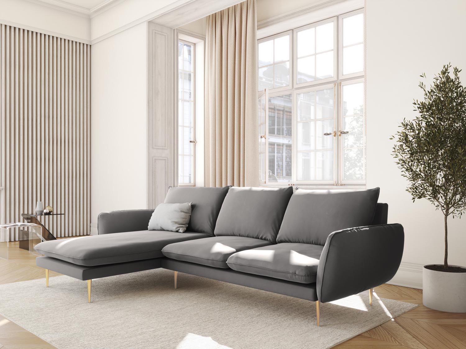 Elegantes Vienna Velour Ecksofa links in Light Grey/Gold-Bluvel, ideal für stilvolle Wohnräume, präsentiert in einem modernen Ambiente.