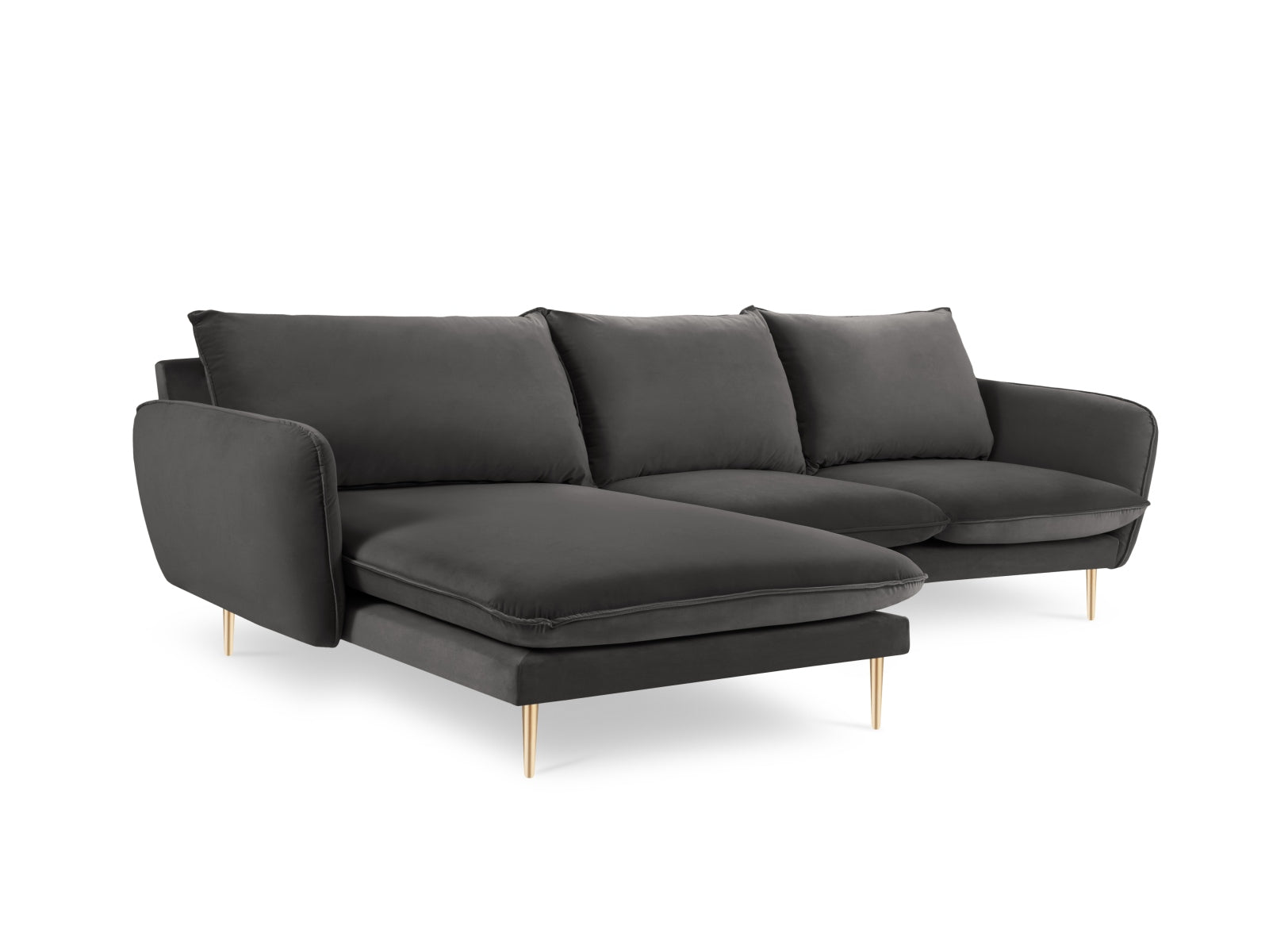 Modernes 5-Sitzer Ecksofa in Dunkelgrau mit Velourbezug, linksseitig, perfekt für entspannte Stunden und stilvolle Einrichtung.