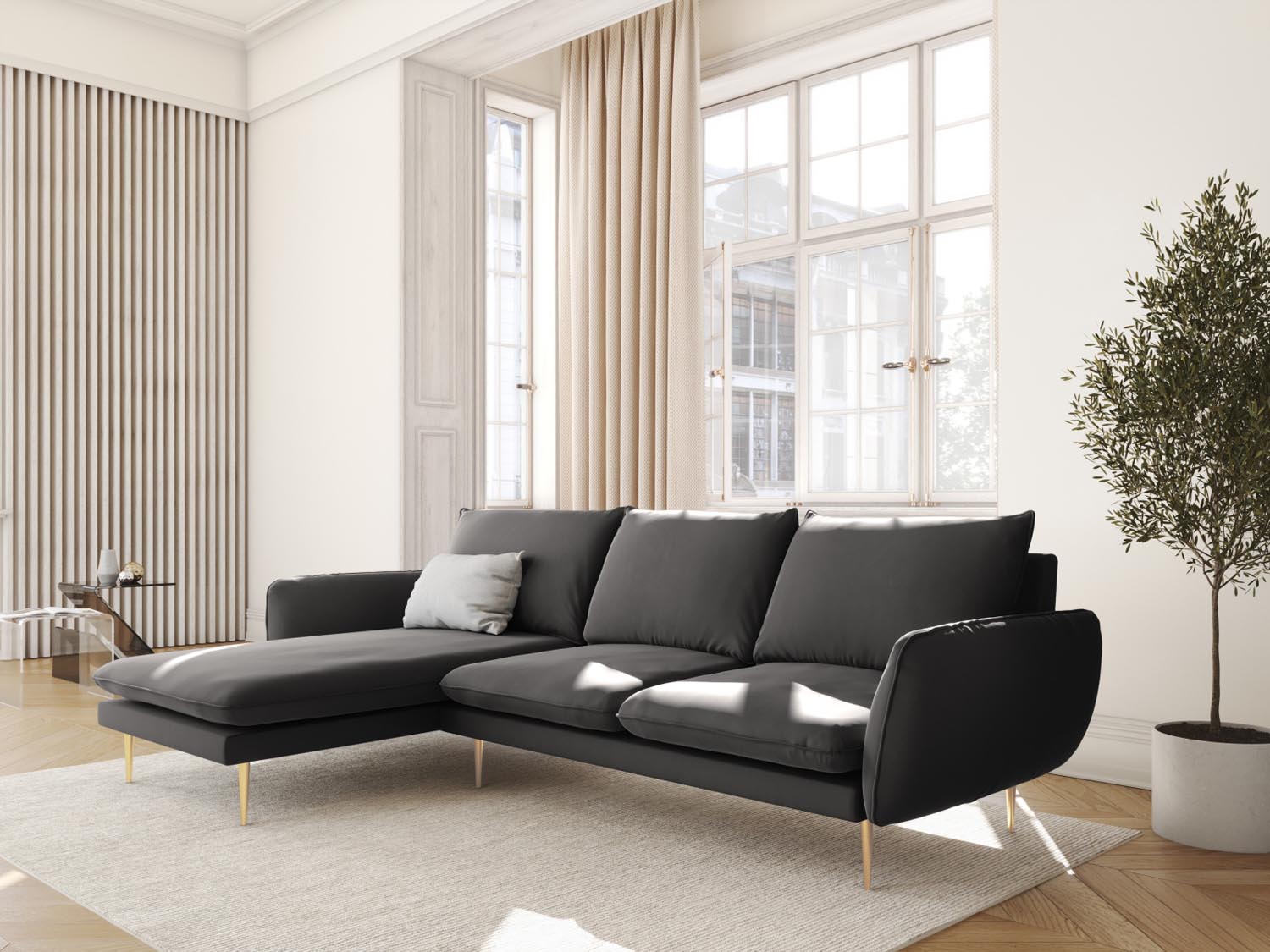 Elegantes Vienna Velour Ecksofa links in Dunkelgrau mit goldenen Akzenten, ideal für stilvolle Wohnräume und gemütliche Abende.